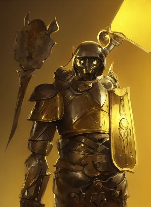 Prompt: portrait of a warforged character in yellow armor holding a paladin engraved longsword and carrying a big shield, epic concept art, trending on ArtStation, cinematic lighting by Greg Rutkowski