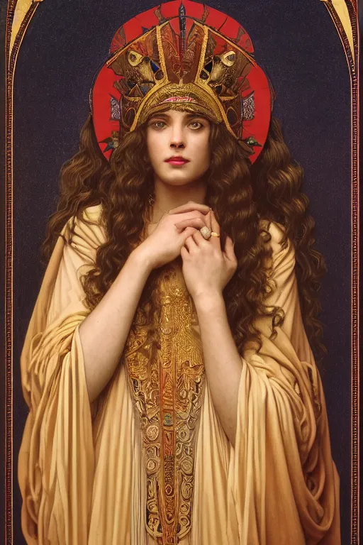 Image similar to Portrait of historically accurate, biblical, sneering, young, wicked, terrible, evil, pagan, beautiful, queen jezebel of ancient Israel, wearing gilded robes, long hair, intricate, elegant, highly detailed, masterpiece, illustration, art by artgerm and greg rutkowski and alphonse mucha and Wayne Barlowe and william-adolphe bouguereau, highly detailed, trending on artstation, award winning