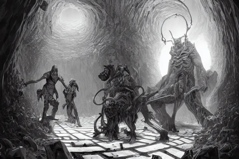 Prompt: black and white one point perspective labyrinth dungeon cozy fantasy dungeon boss encounter view with giant demonic entity in the middle of the room by artgerm and Craig Mullins, James Jean, Andrey Ryabovichev, Mark Simonetti and Peter Morbacher 16k