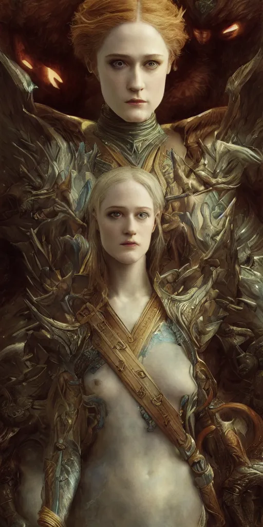 Prompt: evan rachel wood, beautiful fantasy maiden, dungeons and dragons, masterpiece by edgar maxence and ross tran and michael whelan, gustav dore, 8 k, octane render