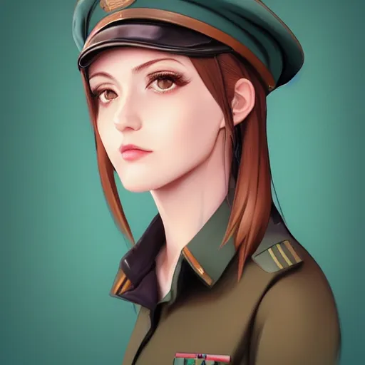 Prompt: portrait bust of young woman with long light brown hair and hazel eyes dressed in a sharp dark teal military uniform with beret, smiling, bokeh background, ilya kuvshinov, anime, ross tran, artgerm, concept art, artstation trending