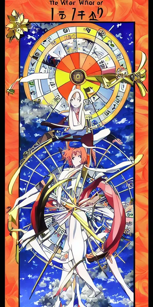 Prompt: Wheel of Fortune tarot card by a famous anime artist. clean, sharp lines,