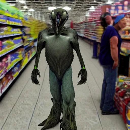 Image similar to real alien at Walmart, wearing cowboy boots, photo, photorealistic, ultra realism, intricate