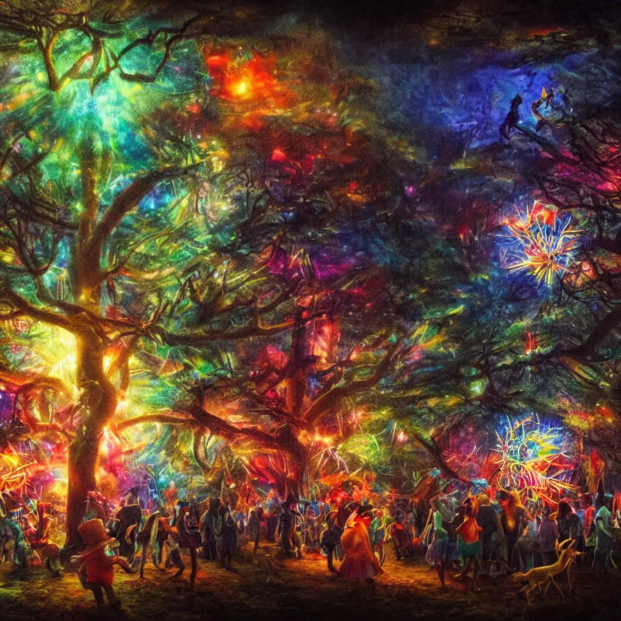 Image similar to closeup of a night carnival inside a tree cavity in a magical forest in the middle of a summer storm, with a music scenario with many fireworks and christmas lights, volumetric lightning, instense god rays in the sky, folklore people disguised with fantastic creatures in a magical forest by summer night, masterpiece painted by koson ohara, very coherent and colorful high contrast masterpiece,