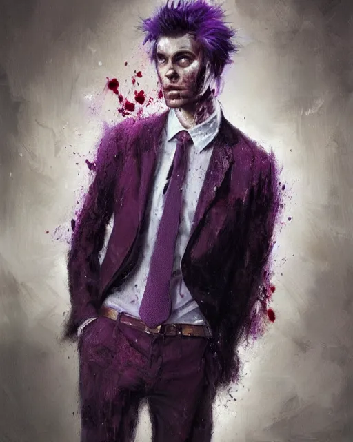 Image similar to A hyper realistic oil painting of a man in his twenties dressed in a purple suit, full height, clean shaven, insane looking face, messy hair, covered in blood, by Greg Rutkowski, trending on artstation, 4k, creepy lighting