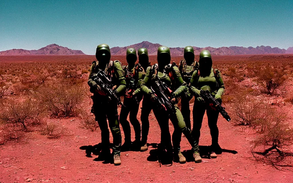 Image similar to a team of five people in dark green tactical gear like death stranding and masks, red mesas behind them, look at a desert oasis in the distance. They 're afraid. dusty, red, mid day, heat shimmering, 35mm film