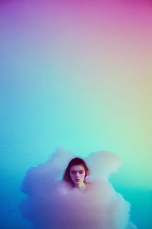 Image similar to high quality pastel coloured film close up wide angle photograph of a model wearing clothing swimming on cloud furniture in a icelandic black rock!! environment in a partially haze filled dreamstate world. three point light, rainbow. photographic production. art directed. pastel colours. volumetric clouds. pastel gradient overlay. waves glitch artefacts. extreme facial clarity. 8 k. filmic.