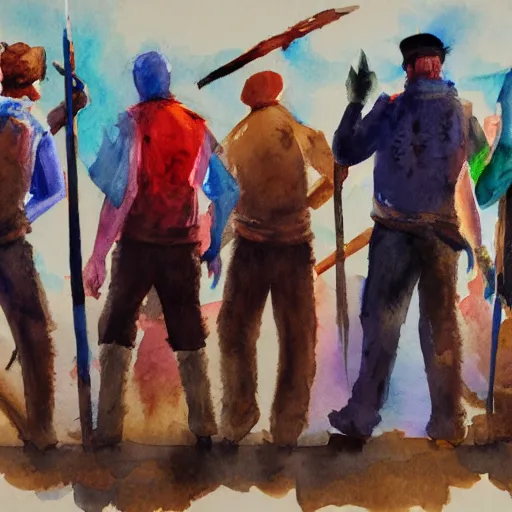 Prompt: watercolor painting of four men as an adventure party. they stand in dynamic pose as a team. visible brushstrokes. 8 k. expressive. dynamic lighting. realistic.