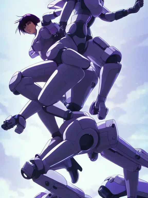 Image similar to a fullbody action still of motoko kusanagi riding on top of a tachikoma, the major ghost in the shell : : stand alone complex, under repairs, maintenance : : by ilya kuvshinov, rossdraws, artgerm, sola digital arts, anti aliasing, raytracing : :