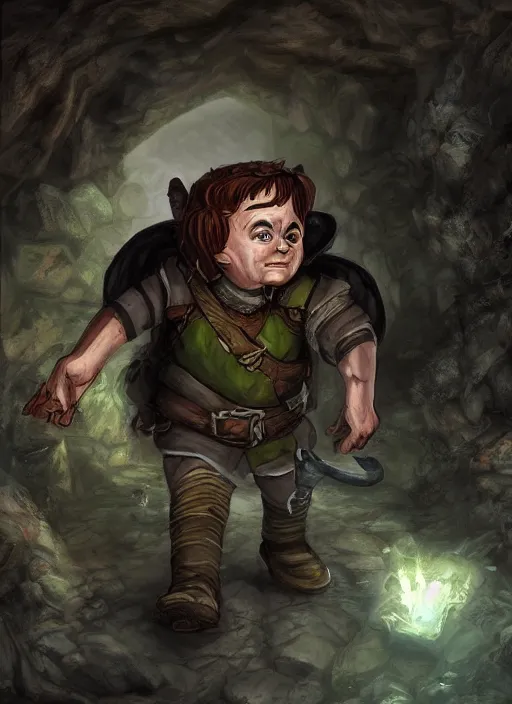 Prompt: A fantasy comic book roleplaying game style portrait painting of a halfling rogue sneaking in a cavern, DAZ, hyperrealistic, ambient light, dynamic light