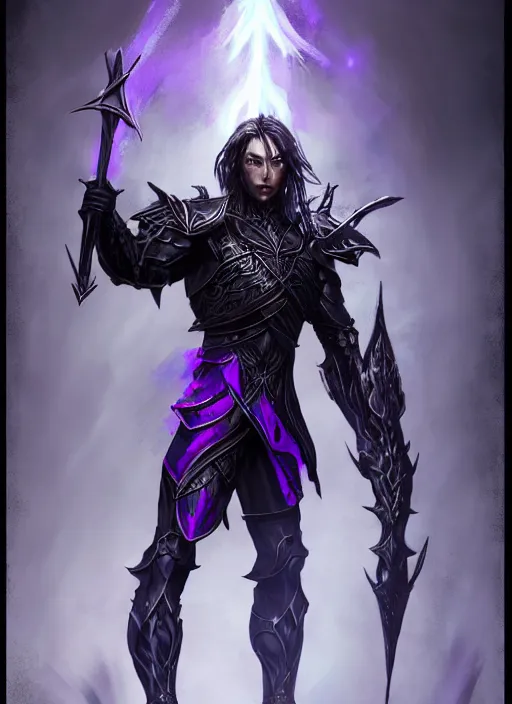 Image similar to Half-body of a muscular elven knight in black and purple armour with black. Swords are levitating beside him. In style of Hyung-tae Kim and Greg Rutkowski, concept art, trending on ArtStation, Korean MMORPG, over-detailed art, 8K, epic, dynamic lightning, dramatic pose.