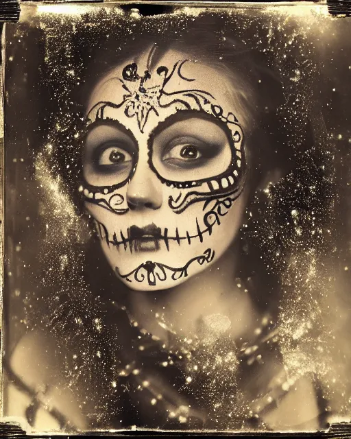 Image similar to tintype virgin mary dressed in dia de muertos makeup high quality photo, microchip, artificial intelligence, bio - mechanical bio - luminescence, black wired cables, neurons, nerve cells, cinematic, rim light, photo - realistic, high detail, 8 k, masterpiece, high fashion, in the style of steven meisel dora maar h. g. giger