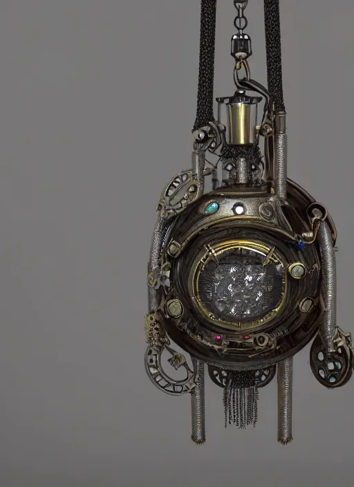 Image similar to steampunk amulet with diamond jewel and small steam tubes, volumetric lightning, octane render, realistic fog, extremely high detailed