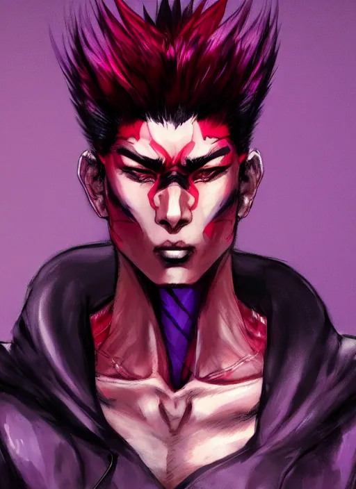 Prompt: half body portrait of a handsome male asian man spider warrior in purple and red clothes. in style of yoji shinkawa and hyung - tae kim, trending on artstation, dark fantasy, great composition, concept art, highly detailed, dynamic pose, vibrant colours.