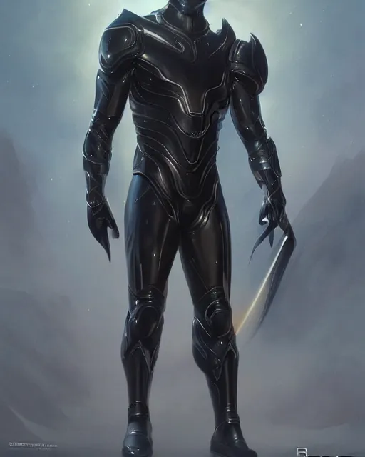 Image similar to iridescent wiry muscular male smooth sleek glossy black pearlescent scifi armor with smooth black featureless visor, by greg rutkowski and mark brookes and jim burns and tom bagshaw and magali villeneuve, trending on artstation