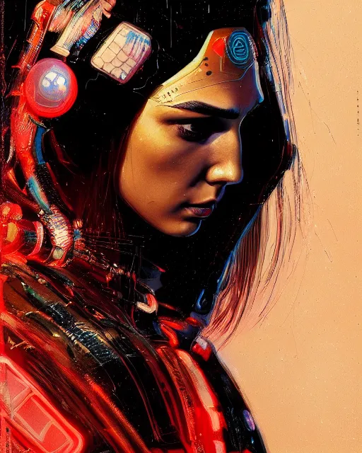 Image similar to detailed side profile portrait Gal Gadot, cyberpunk futuristic neon, reflective puffy coat, decorated with traditional Japanese ornaments by Ismail inceoglu dragan bibin hans thoma greg rutkowski Alexandros Pyromallis Nekro Rene Maritte Illustrated, Perfect face, fine details, realistic shaded, fine-face, pretty face