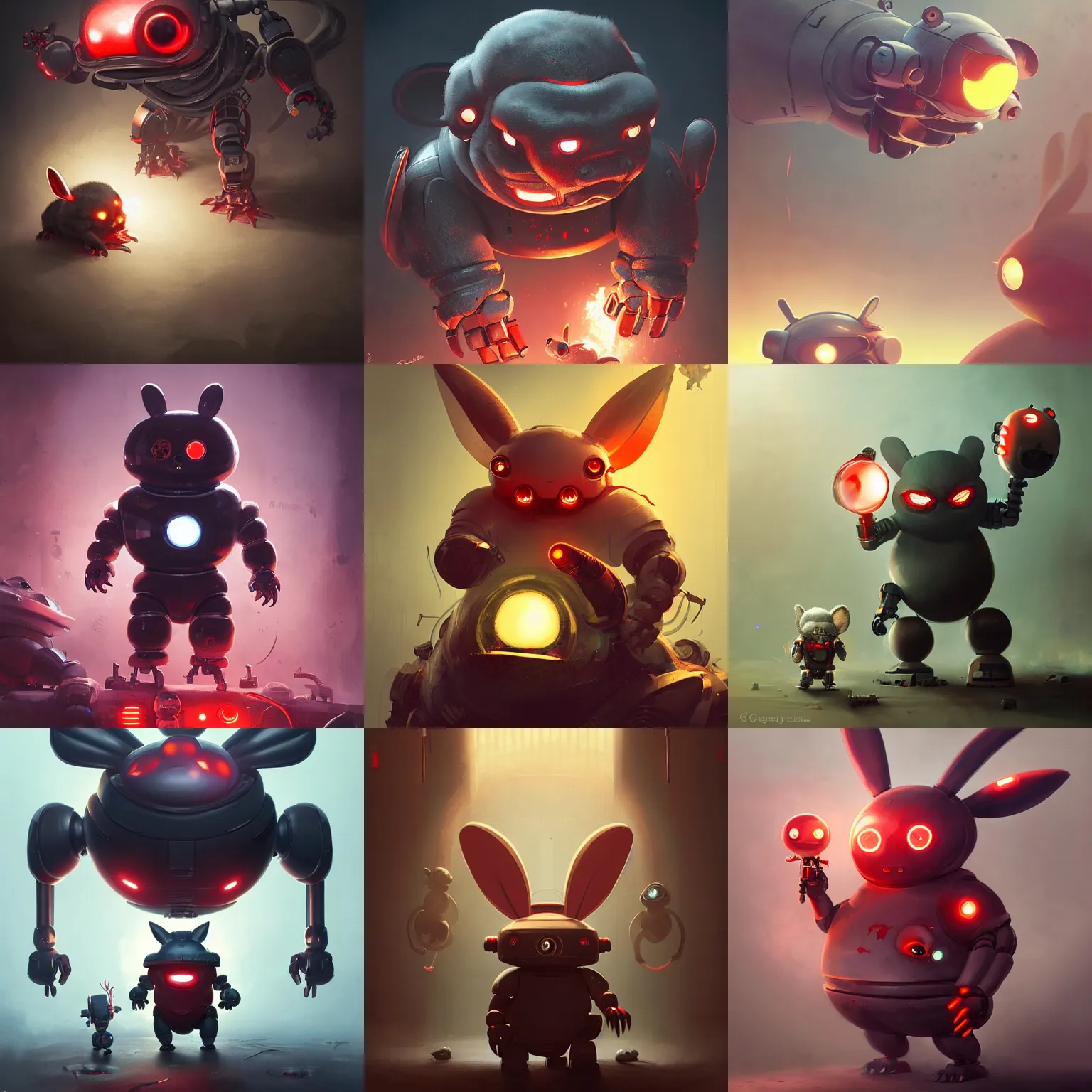 Prompt: cute chubby dangerous angry 3 years old robots childs with big glowing red eyes and big rabbit ears , big complex belly mechanism , studio light, retro design by greg rutkowski