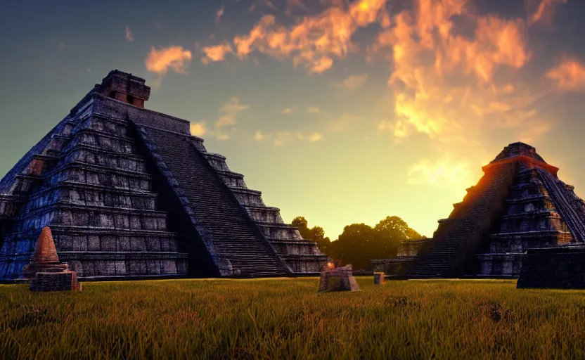 Prompt: crystal tetrahedron in the middle of an aztec temple, sunset, godrays, orange and blue sky, volumetric lighting, a high - quality render, photorealistic, unreal engine 5