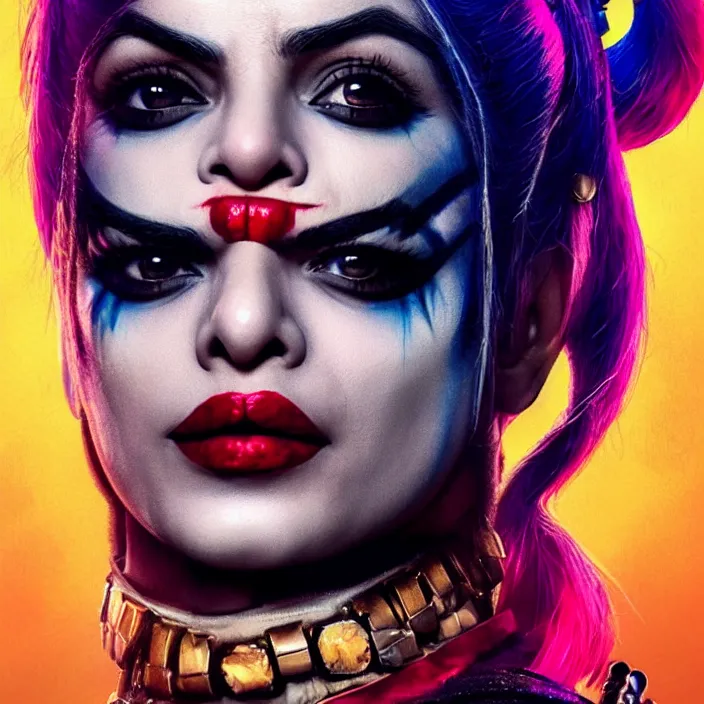 Image similar to portrait of Priyanka Chopra as a harley quinn in Suicide Squad. intricate artwork. by Tooth Wu, wlop, beeple, dan mumford. octane render, trending on artstation, greg rutkowski very coherent symmetrical artwork. cinematic, hyper realism, high detail, octane render, 8k