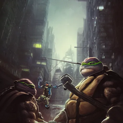 Image similar to tmnt, white beard, blue eyes, intricate, detailed, volumetric lighting, scenery, digital painting, highly detailed, artstation, sharp focus, illustration, concept art, ruan jia, steve mccurry