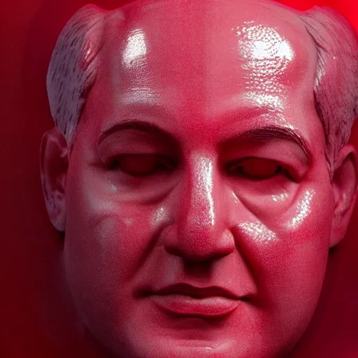 Image similar to a sculpture made out of juicy and transparent red jelly in the sea of a giant benjamin netanyahu head, long shot, hyper detailed, hyper realistic, ray tracing, 8 k resolution, sharp focus, realistic water, award winning