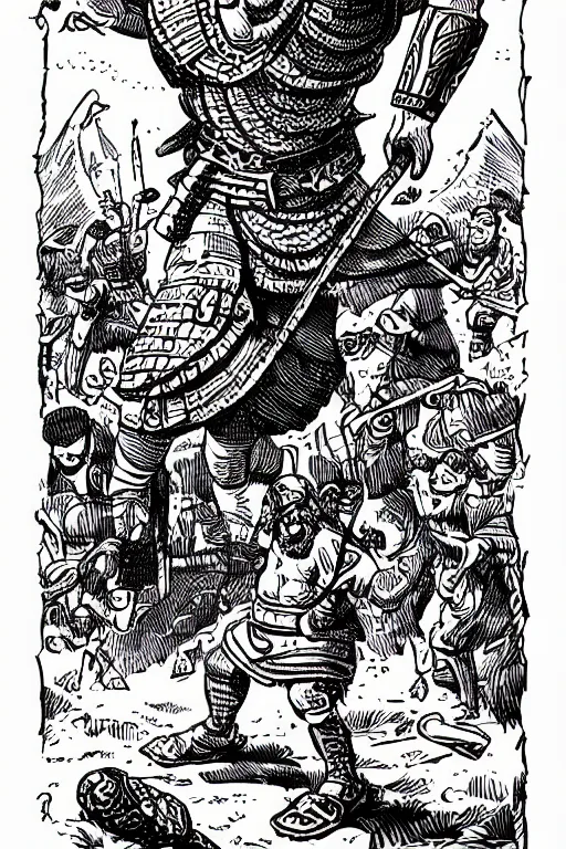 Image similar to ancient historically accurate depiction of the Bible Character Goliath of Gath, the Philistine warrior giant by mcbess