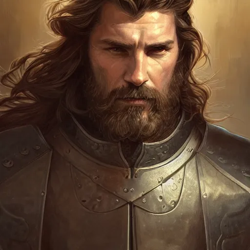 Image similar to portrait of a ruggedly handsome paladin, soft hair, muscular, half body, leather, hairy, d & d, fantasy, intricate, elegant, highly detailed, digital painting, artstation, concept art, smooth, sharp focus, illustration, art by artgerm and greg rutkowski and alphonse mucha