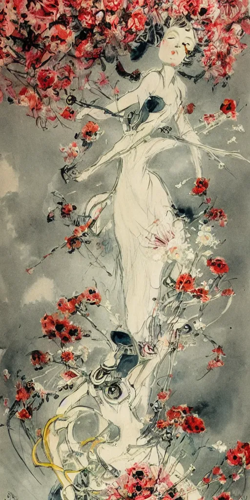 Image similar to Louis Icart, an old elaborate painting of an abstract robot tornado made entirely out of flowers, highly detailed, swirling, flowing, dancing, dreaming, bursting with positive energy, happy, creative, masterpiece