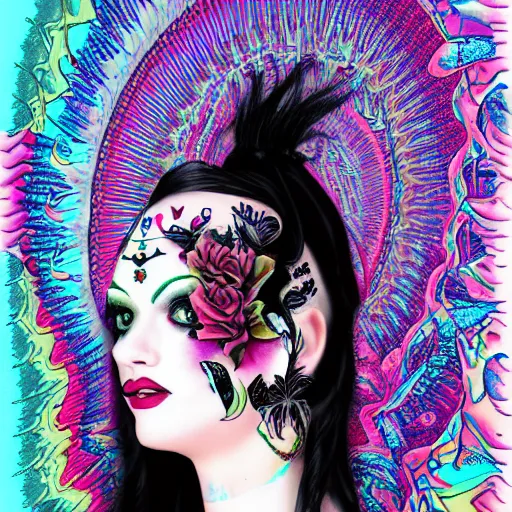 Prompt: beautiful gothic girl with tattoo in psychedelic background, new wave, portrait, 8 k, digital art