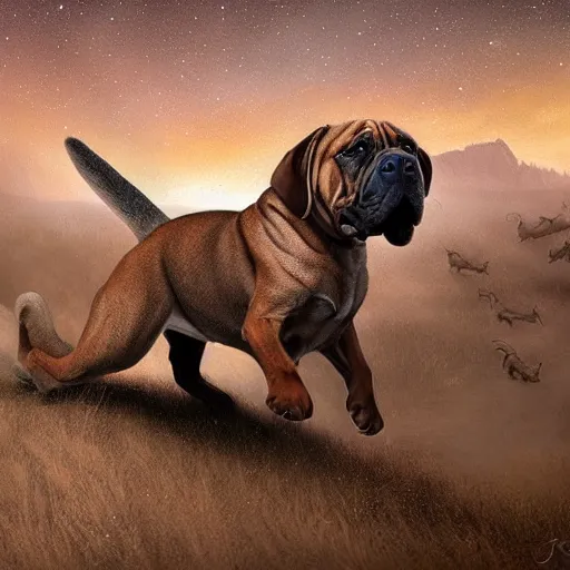 Prompt: - w 7 6 8 a boerboel mastiff, chasing a kangaroo, detailed, intricate, by jessica rossier