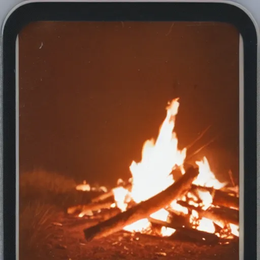 Prompt: polaroid photo of campfire with open book nearby