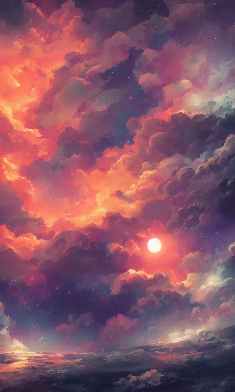 Prompt: a beautiful painting of fire sea, starry sky, moon, cloud, by liam wong and yuumei and yanjun chen, trending on artstation