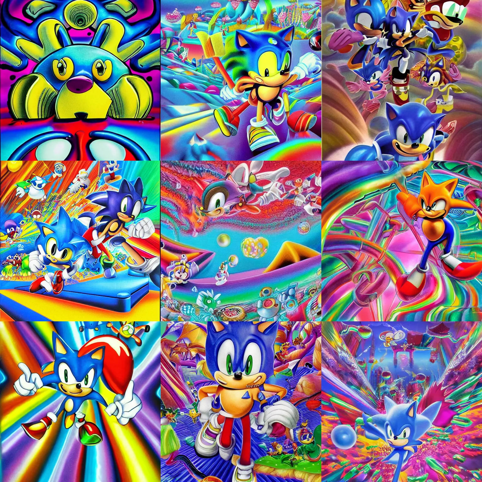 Prompt: surreal, sharp, sonic detailed professional, soft pastels, high quality airbrush art album cover of a liquid bubbles airbrush art lsd taffy dmt sonic the hedgehog dashing through cotton candy, iridescent checkerboard background, 1 9 9 0 s 1 9 9 2 sega genesis rareware video game album cover