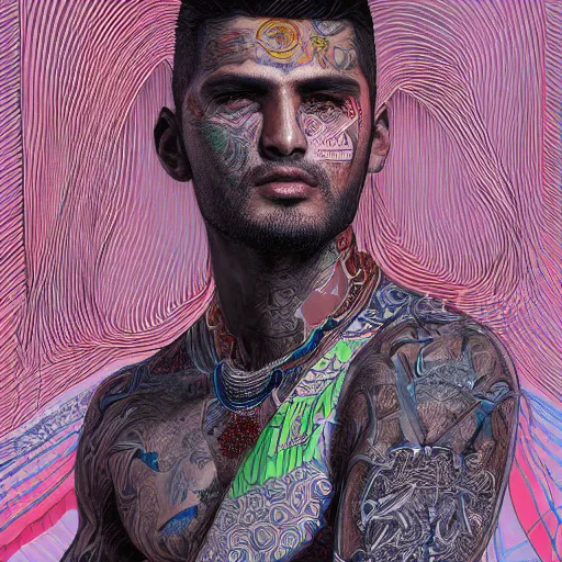 Prompt: portrait of an afghani male model, an ultrafine detailed illustration by james jean, intricate linework, bright colors, final fantasy, behance contest winner, vanitas, angular, altermodern, unreal engine 5 highly rendered, global illumination, radiant light, detailed and intricate environment