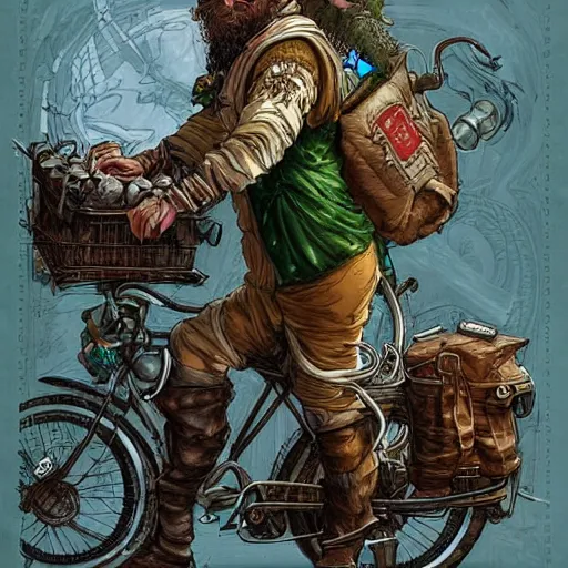 Image similar to a bearded and long haired bicycle food delivery worker with a green bag on his back in Europe, he has boots, epic fantasy style art by kim jung gi, fantasy epic digital art