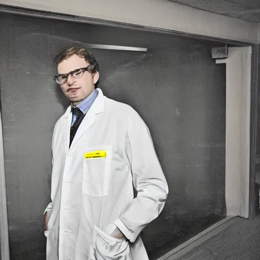 Image similar to flash low quality photograph of a male scientist wearing a lab coat standing lost in the backrooms, mustard - yellow old moldy moist carpet room, empty liminal space, very dark shadows, broken fluorescent lighting, horror movie scene, film grain