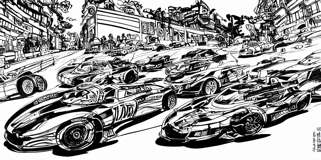 Image similar to ink lineart drawing of a car race, chinese brush pen illustration, cartoon style, anime, deep black tones, coloring book, contour