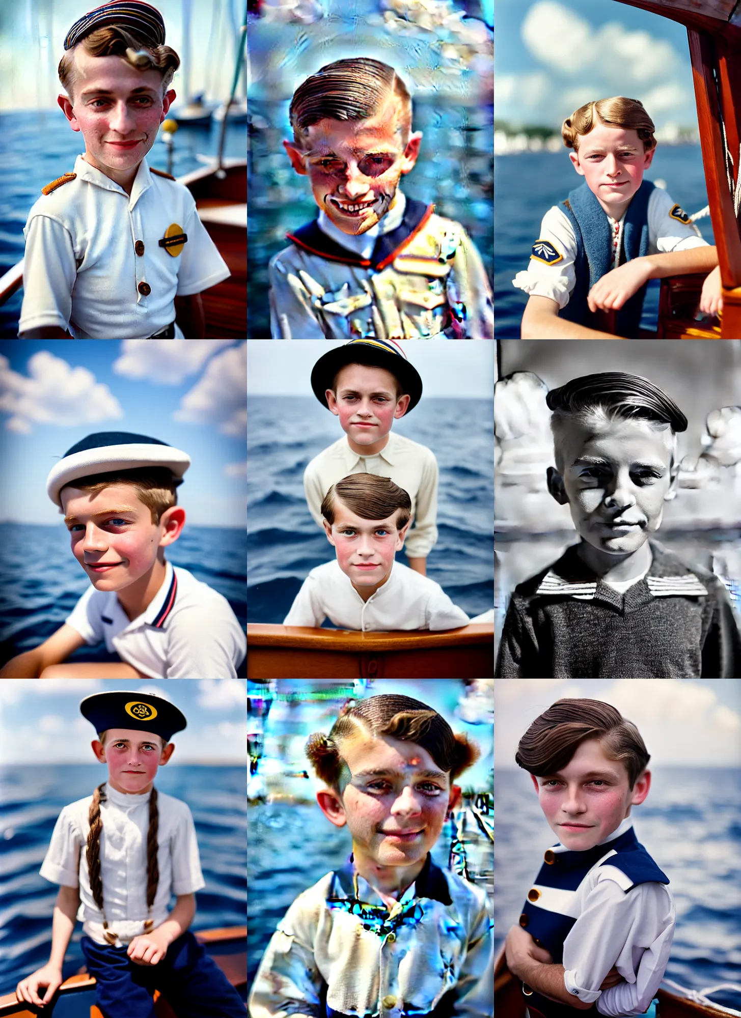 Prompt: kodak portra 4 0 0, 8 k, highly detailed, britt marling style, press award winning colour portrait of a cute handsome 8 year old sailor boy on a boat, at the sea, sun, clouds, up face with 1 9 2 0 s hairstyle, 1 9 2 0 s style, asymmetrical, hasselblad