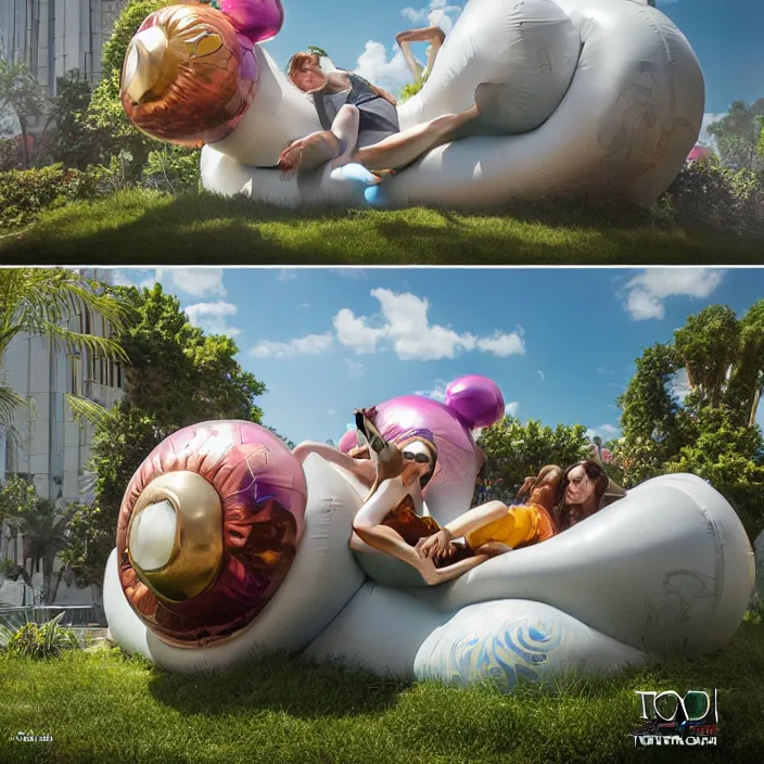 Image similar to minimal modernist jeff koons bauhaus style neverending story inflatable pool floats, ultra realistic, concept art, intricate details, serious, highly detailed, photorealistic, octane render, 8 k, unreal engine, art by todd mcfarlane and artgerm and greg rutkowski and alphonse mucha