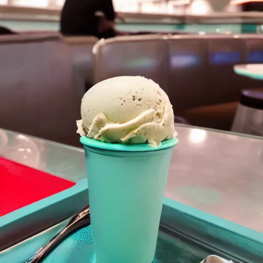 Image similar to high res mint ice cream sitting on a table in a futuristic diner 4k