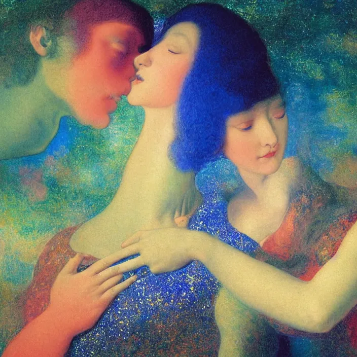 Image similar to close portrait of woman and man kissing. aurora borealis. iridescent, psychedelic lapis - lazuli, turquoise colors. painting by jan van eyck, agnes pelton, utamaro, monet