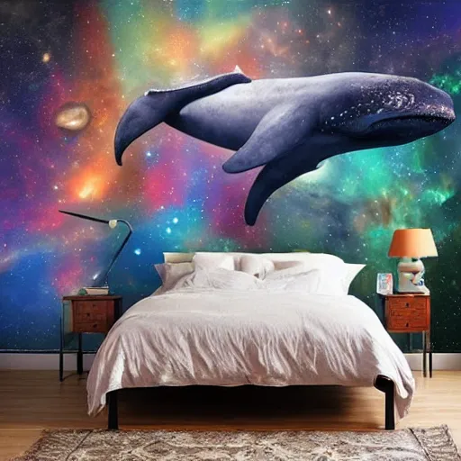 Image similar to a cozy bohemian bedroom interior with wall murals of space whales, detailed, high resolution, wow!, intricate, volumetric lighting, raytracing