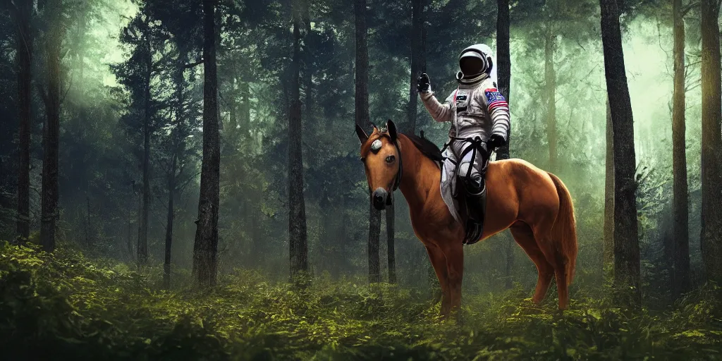 Image similar to american astronaut, riding a horse in a forest, plants environment, wide angle, cinematic lighting, atmospheric, realistic, octane render, highly detailed, color graded, in the style of craig mullins