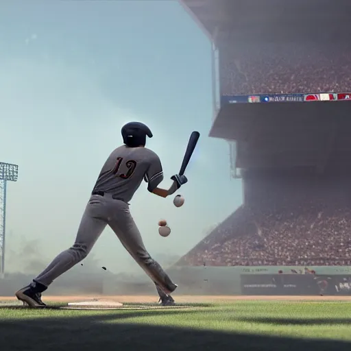 Image similar to baseball player hitting the ball with the baseball bat in the middle of the game and in front of everyone in the stadium, james gurney painting style, greg rutkowski, artstation, octane render, unreal engine 5