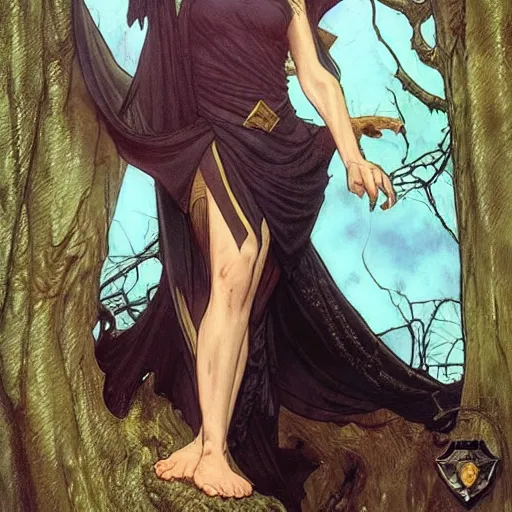 Prompt: portrait of statuesque elf resting on a tree, short black hair, gold robes, expressive face, sharp focus, intricate, smooth, ultra realistic digital art, d & d, high fantasy, pointed ears, elegant, by artgerm, greg rutkowski, alphonse mucha