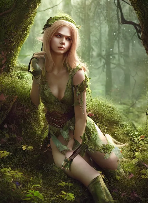 Prompt: Beautiful art portrait of a Fantasy female elf on a lush forest meadow, atmospheric lighting, intricate detail, cgsociety, hyperrealistic, octane render, RPG portrait, ambient light, dynamic lighting