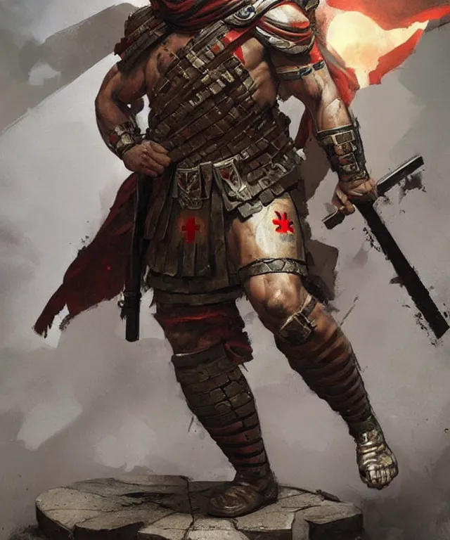 Prompt: muscular roman soldier with a white cross in the chest by simon bisley and greg rutkowski, full body armor! vivid color scheme