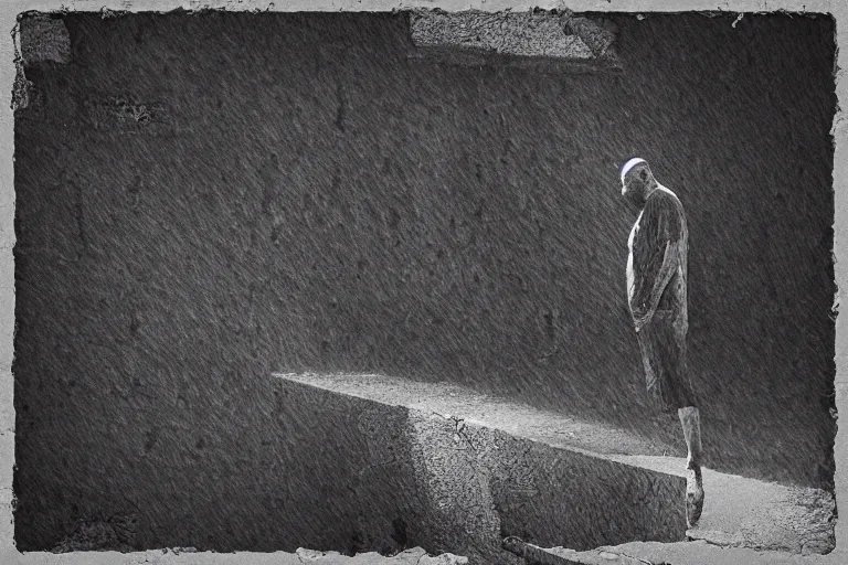 Image similar to “a disturbed man looking at his crumbling limbs, extreme detail, particles drifting across the frame”