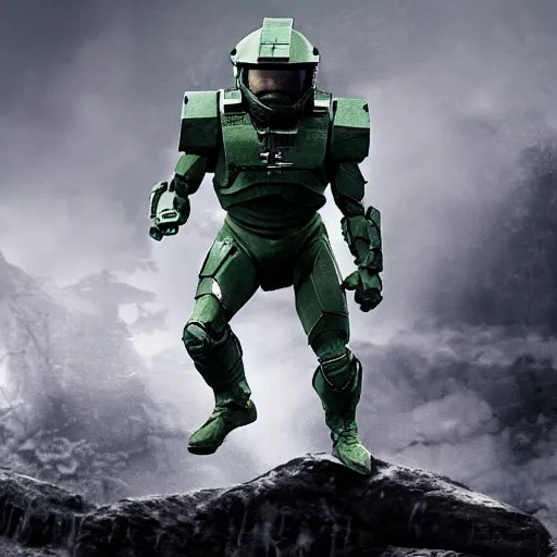 Prompt: Mads Mikkelsen as the Masterchief, jumping through the air, action shot, hyper detailed, heroic