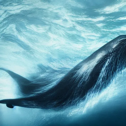 Image similar to portrait photo by national geographic and mort kunstler and annie leibovitz and monia merlo, a stunning blue whale completely covered in a long billowing flowing white sheet swimming through the ocean, backlit, 4 d, 4 k, volumetric lighting, photorealistic, light ray, hyperdetailed